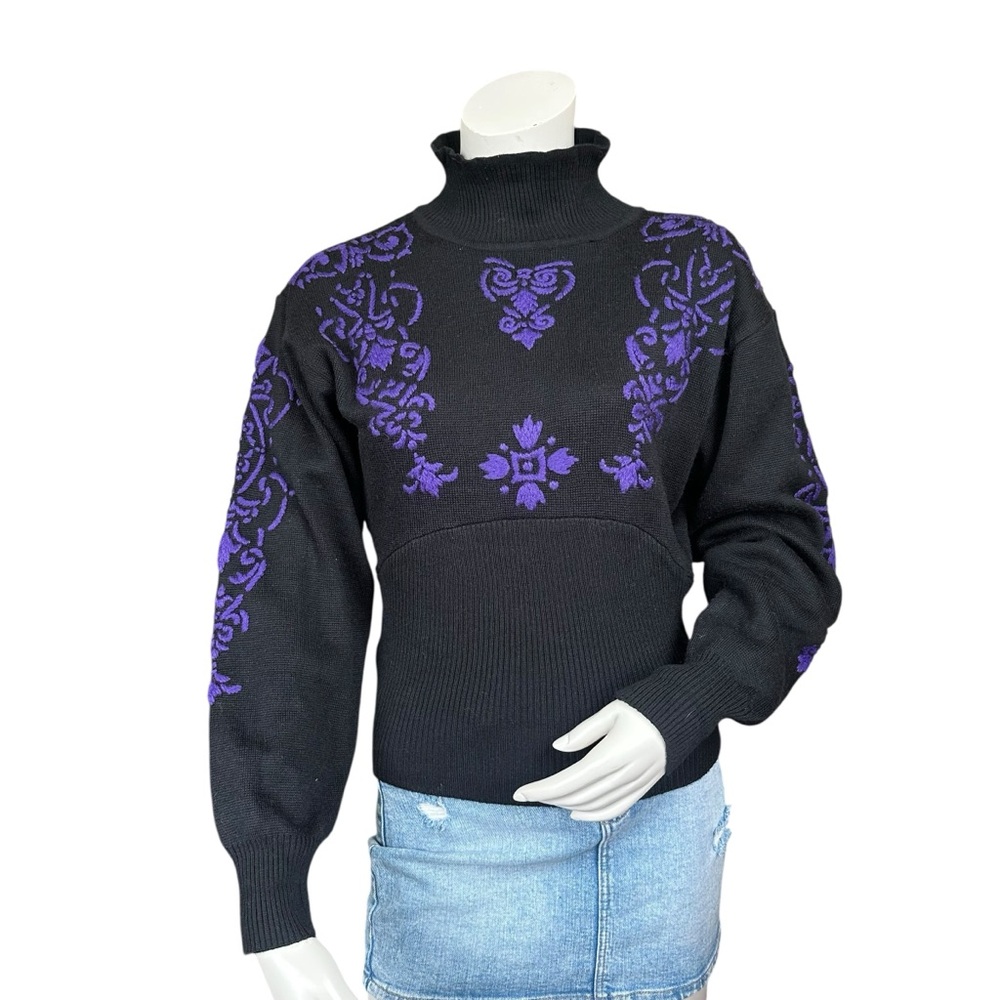 Vintage 80s 90s Obermeyer Turtleneck Wool Blend Purple Floral Print Sweater Med